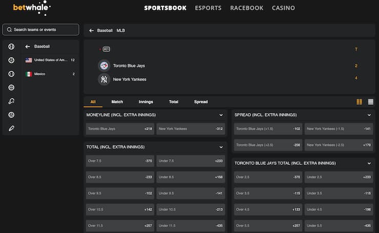An image of money lines, spreads, and totals for MLB betting at BetWhale, demonstrating how to bet on baseball at an online sportsbook.